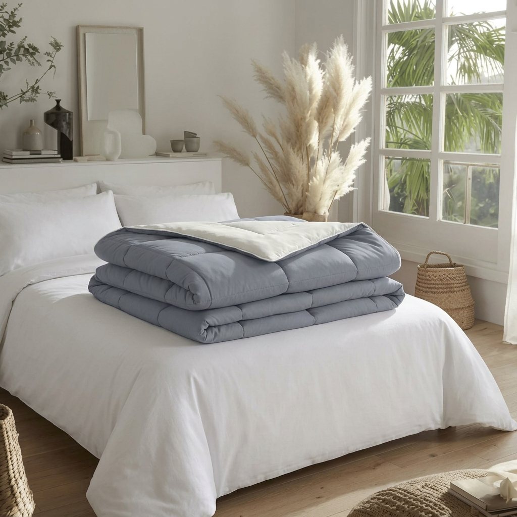 Reversible duvet in slate and white, folded