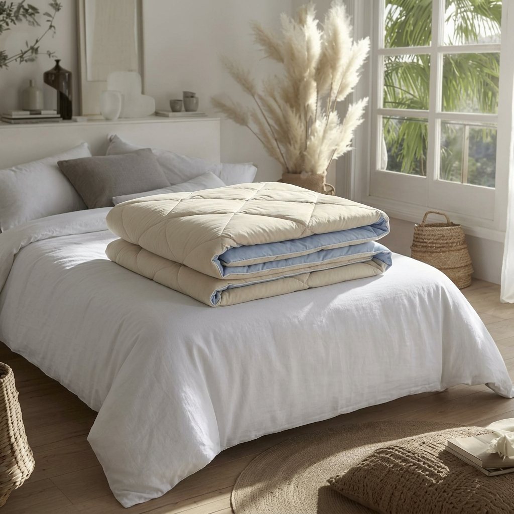 Reversible duvet in sand and mist blue, folded