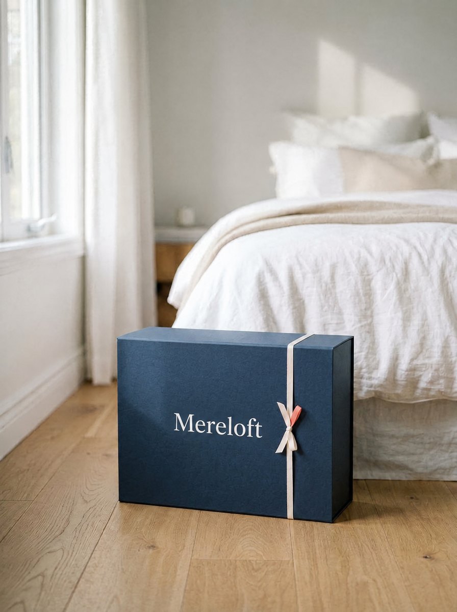 Navy Mereloft gift box at the foot of the bed
